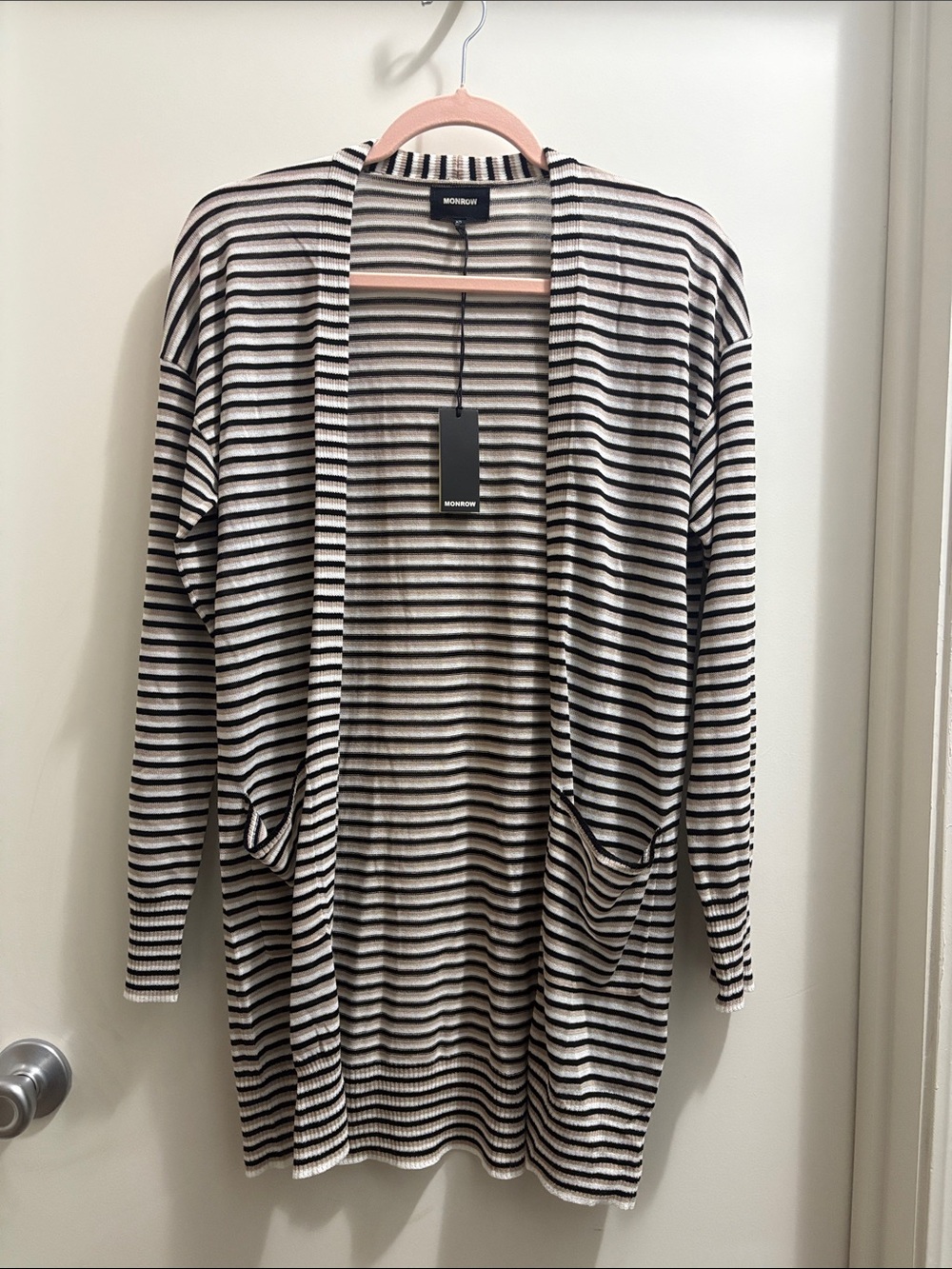 Monrow Striped Open Front Cardigan - Black & Cream